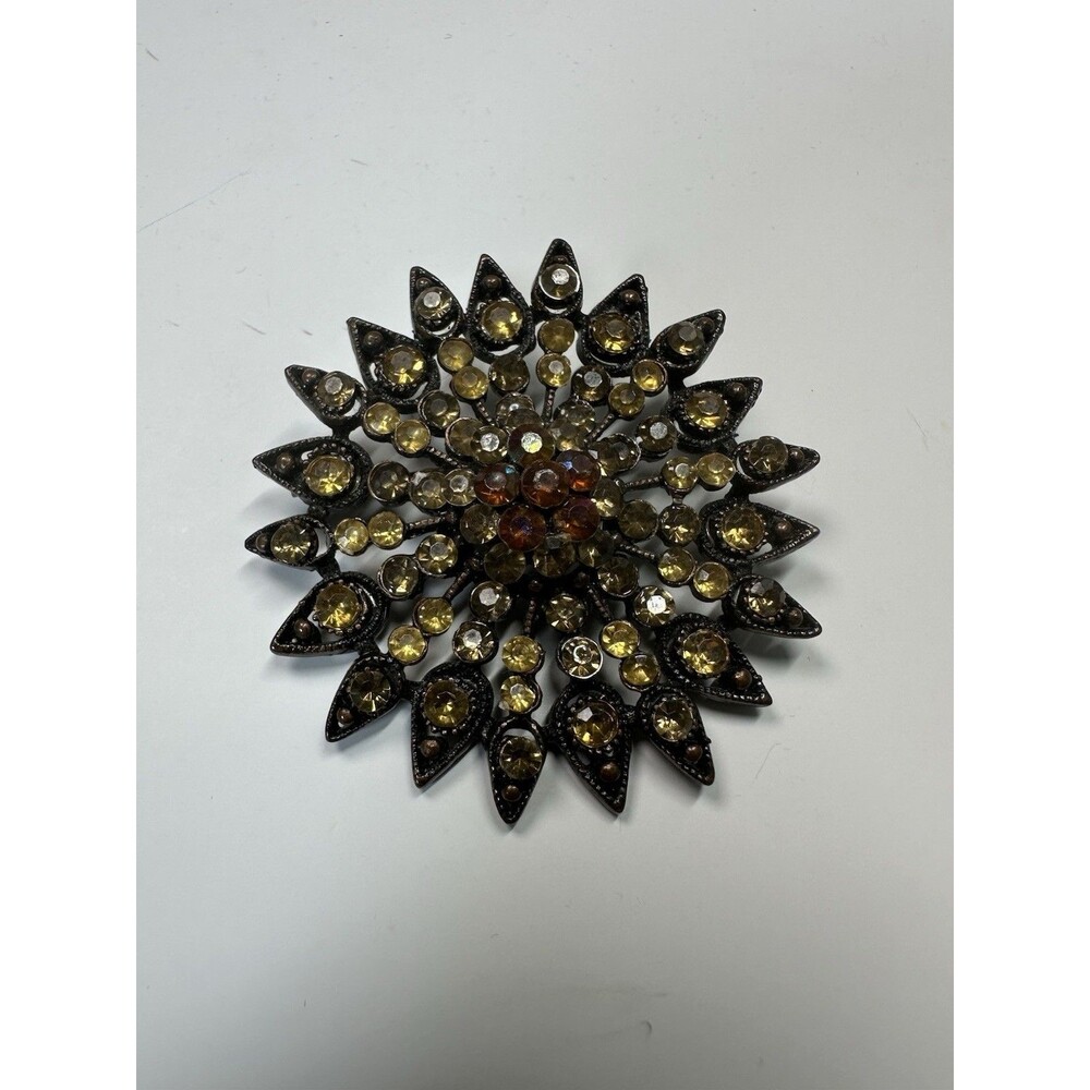Vintage Large Amber Tones Rhinestones Floral Brooch Lapel Pin Statement MCM Glam